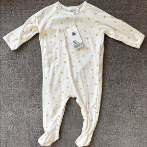 Petit Bateau White and Yellow Star Kids Footie 6-9M